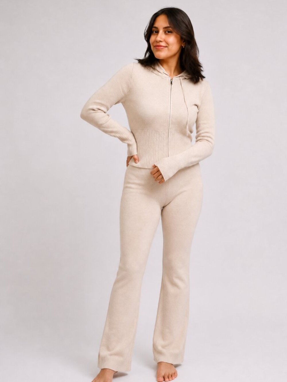 Women’s Knit Two-Piece Set, Zip-Up Hoodie & Matching Pants, Fitted Lounge Outfit